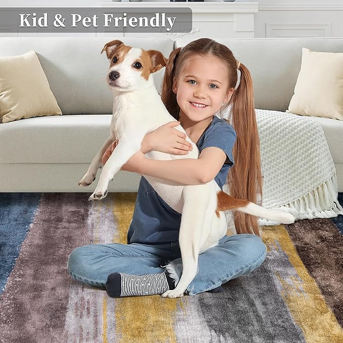 Ciicool 4ft Round Washable Rug, Modern Abstract Circle Rugs, Non-Slip Thin Lightweight Rug Yellow Grey Circular Print Distressed Carpet for Bedroom Living Room Under Dining Table Home Office Decor