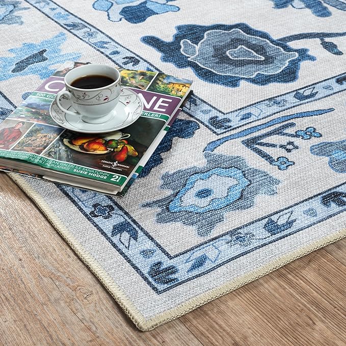 Fame Living Navy Blue Oushak Rug, Modern, Vintage, Turkish, Eclectic, Floral, Pastel, Washable, Area Rugs for Living Room, Dining, Bedroom, Office, Entryway, Foyer, Playroom, Nursery, 5'x6'9"
