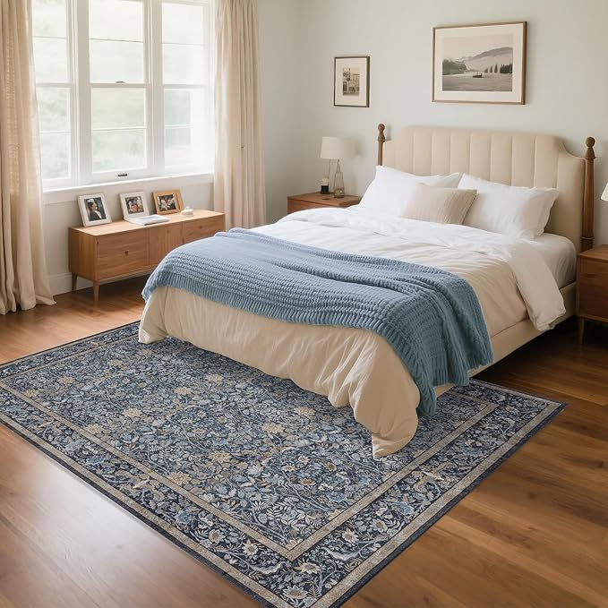 Washable Living Room Rug: 6x9 Boho Floral Soft Area Rug for Bedroom Decor - Vintage Low Pile Thin Carpet for Dining Room Non-Slip - Farmhouse Stain Resistant Rugs - Slate Blue