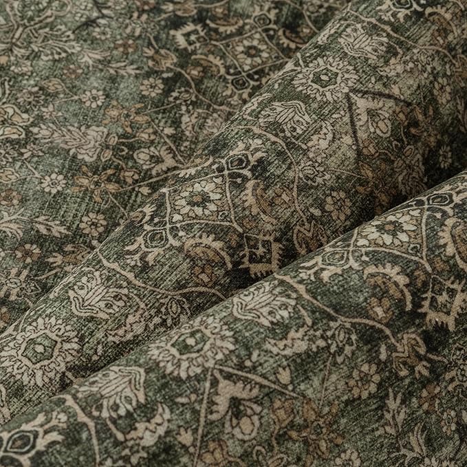 Entryway Area Rug 4x6 Green Brown Vintage Washable Office Carpet Traditional Distressed Indoor Entry Soft Non Slip Small Door Mat Retro Low Pile Thin Rug for Kitchen Laundry Bedroom