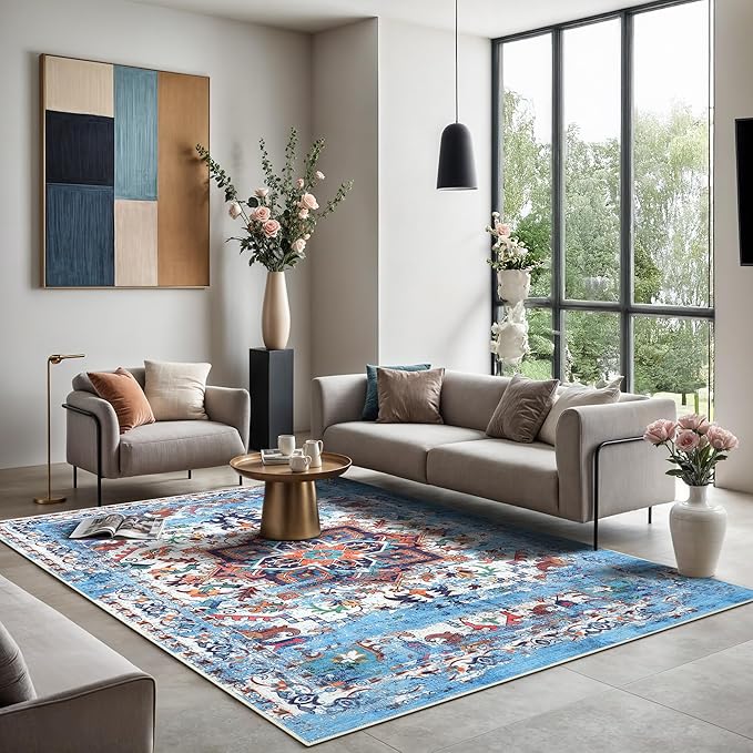 GLN Rugs Traditional Collection - Machine Washable Area Rug, Traditional Washable, Non Slip, Low Pile Chenille Rug, Living Room, Bedroom, Kitchen Rug (6' x 9' Blue/Multicolor)