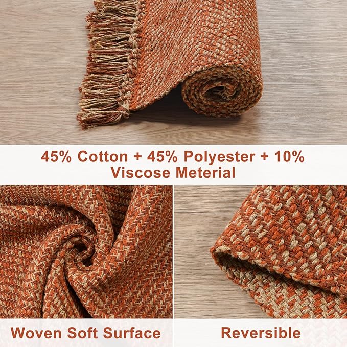 Collive Small Bathroom Rug, 2' x 3' Hand-Woven Low Profile Front Entryway Rug, Terracotta Cotton Reversible Washable Kitchen Rug Modern Farmhouse Carpet for Foyer Bedroom Front Door Fall Decor