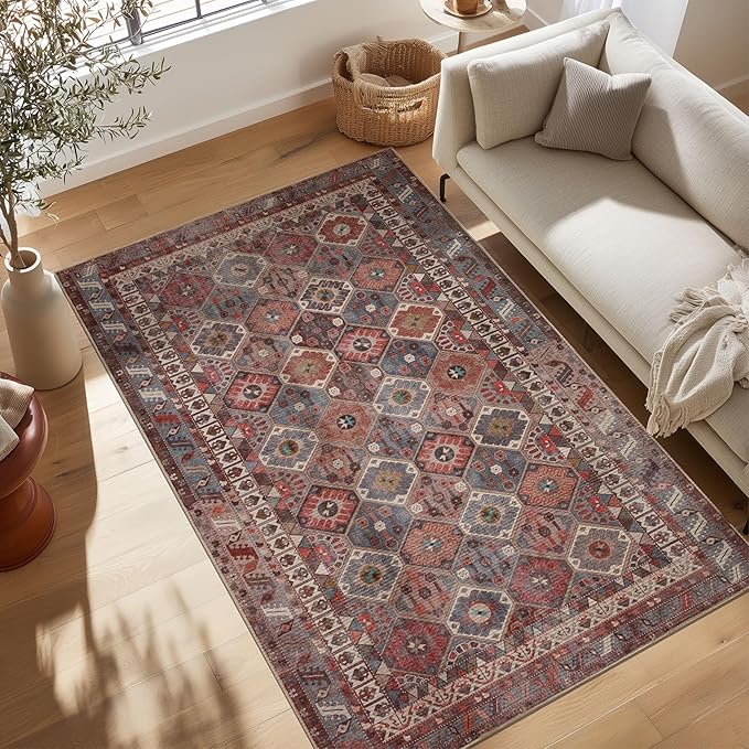 Kuden 4x6 Area Rug, Machine Washable Area Rug with Non-Slip Backing, Vintage Style, Soft, Easy Clean, Low Pile Rug for Living Room, Bedroom, Dining Room