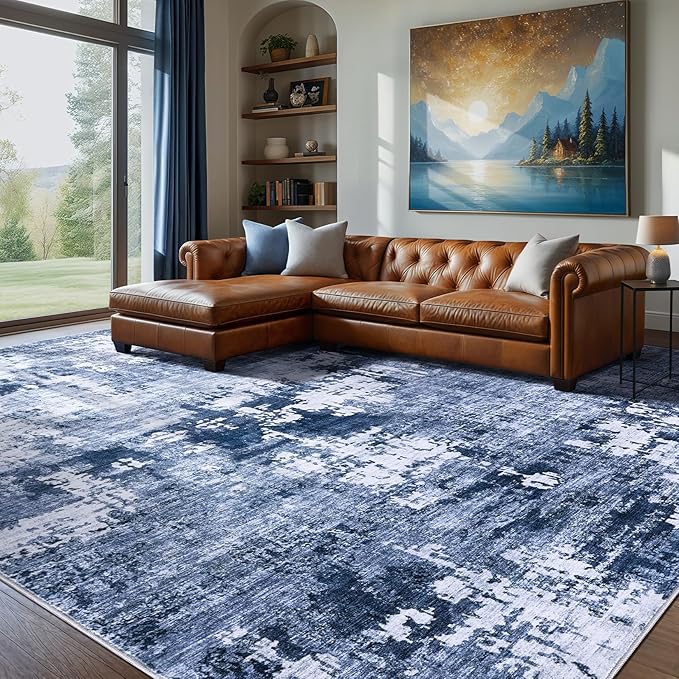 Area Rug Living Room Rugs - 7x9 Washable Large Soft Indoor Neutral Modern Abstract Low Pile Rug Carpet for Bedroom Dining Room Farmhouse Home Office - Navy Blue