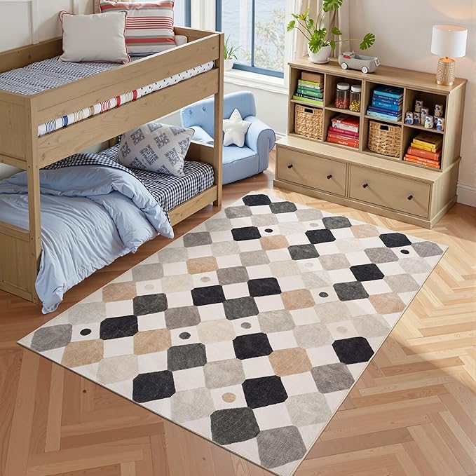jinchan Macy Area Rug 5x7 Kids Washable Indoor Non-Slip Black and White Modern Soft Rug Elementary School Classroom Diamond Carpet for Nursery Playroom Daycare Bedroom Living Room Dorm Marble on Cream