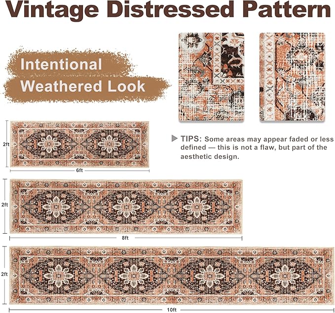 XWZO Runner Rug 2x6ft, Washable Hallway Runner with Non-Slip Backing, Vintage Spill Stain Resistant Floor Mat for Entryway Corridor Bedroom Kitchen, Soft Low-Pile Area Carpet, Brick Red