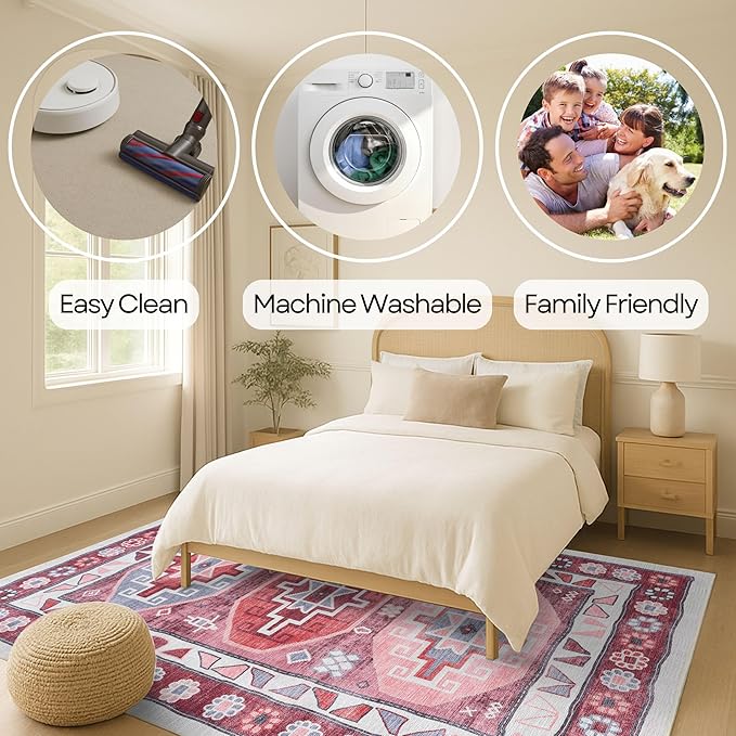 Fame Rugs Turkish Rug. Washable Vintage Oriental Antique Inspired Traditional Doormat Small Modern Area Rugs Luxury Entryway Entry Bedroom Bathroom Kitchen (378RR, 2'5 x 9'8)