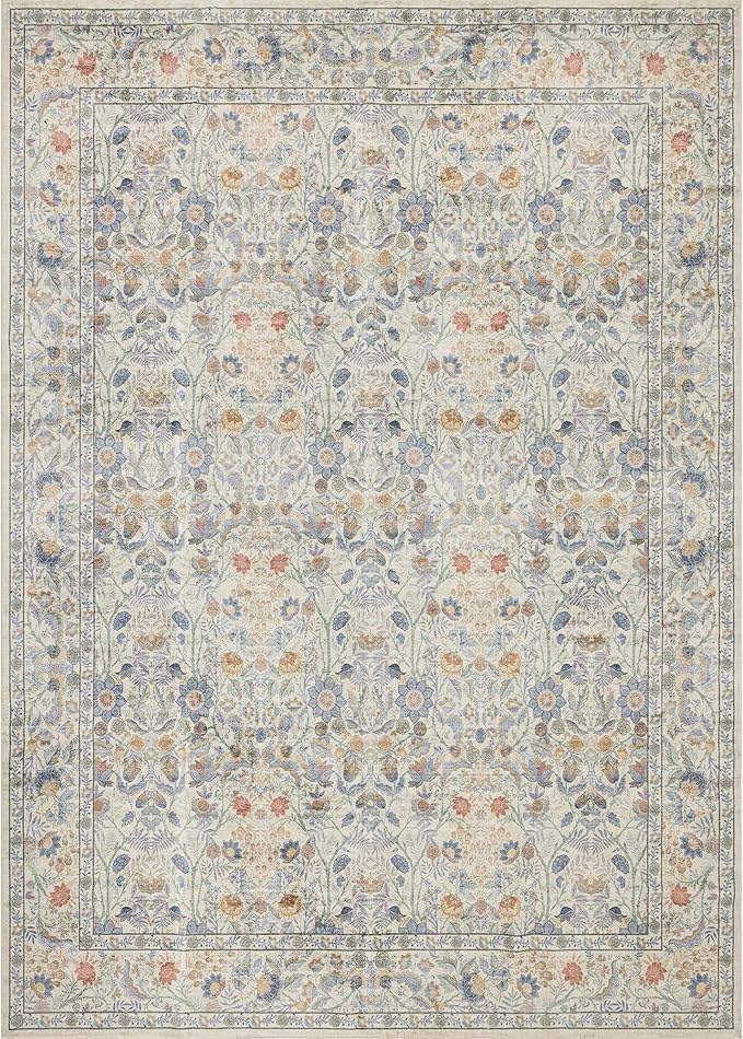 Washable Living Room Rug: 6x9 Boho Floral Soft Area Rug for Bedroom Decor - Vintage Low Pile Thin Carpet for Dining Room Non-Slip - Farmhouse Stain Resistant Rugs - Beige Blue