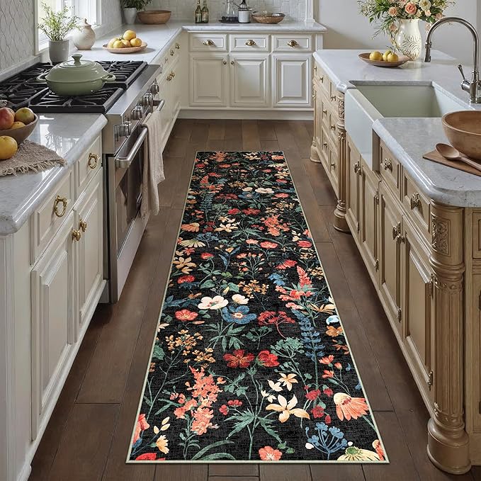 Floral Runner Rug 3x10 Washable Hallway Long Black Bedroom Carpet Non Slip Indoor Boho Kitchen Low Pile Accent Rug Lightweight Soft for Bathroom Dining Laundry Living Room