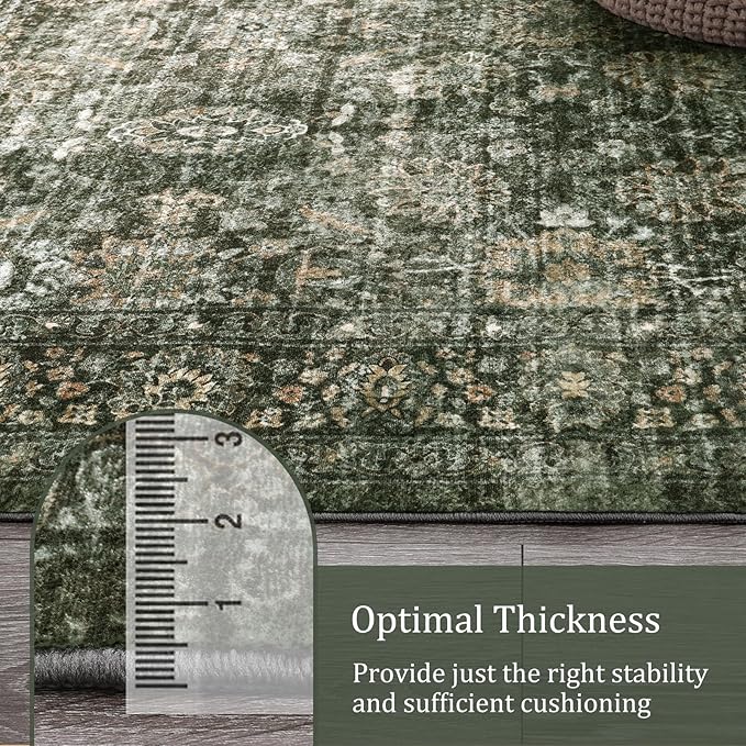 Morebes Vintage Dark Green Living Room Rug, 9x12 Area Rug Large Washable Rugs for Bedroom, Soft Dining Room Carpet Non-Slip Non-Shedding Throw Rug for Farmhouse Indoor Kids Playroom