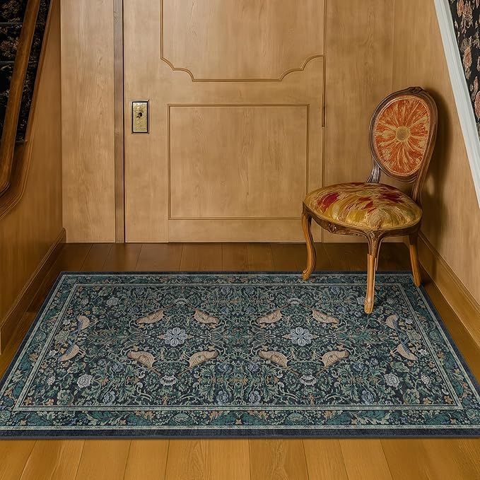 Traditional Washable Entryway Rugs, 3x4 Blue and Green Floral Kitchen Mat for Floor, Bedside, Rug for Laundry Room Floor Non Slip, Moody Stain Resistant Low Plie Carpet