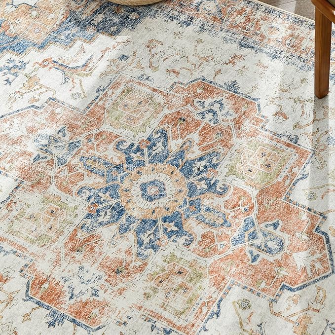 jinchan Area Rug 6x9 Washable Living Room Rug Vintage Indoor Large Floor Cover Distressed Lightweight Non-Slip Low Pile Thin Mat Accent Stain Resistant Carpet for Bedroom Dining Room Office Orange