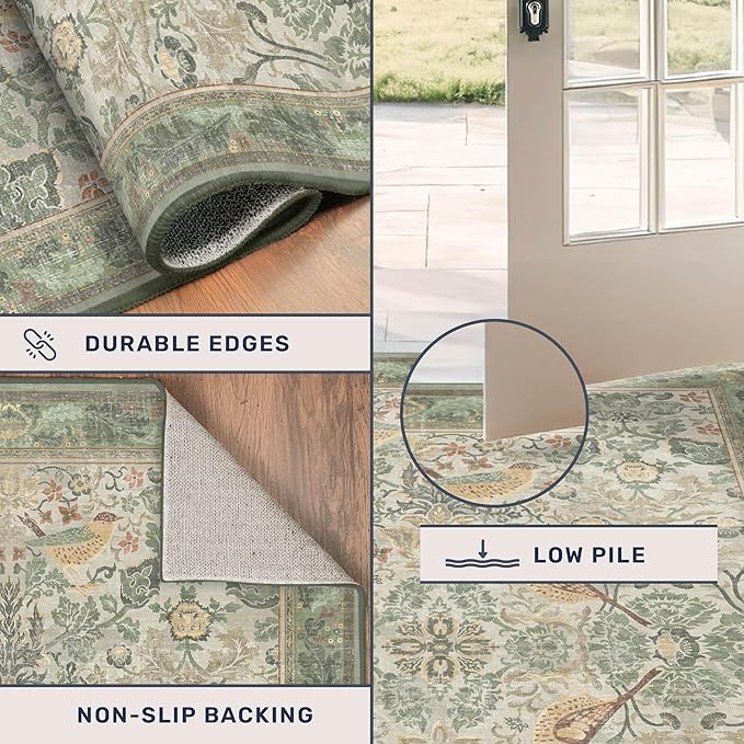 Boho Long Bathroom Runner Rug 2x6 - Floral & Bird Runner Rug for Kitchen Floor, Hallway, Laundry Room, Bedroom, Entrance, Sage Green Vintage Decor, Washable Non Slip Low Pile - Light Green