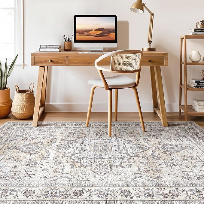 10x13 Area Rugs Living Room: Washable Boho Large Neutral Vintage Soft Rug Stain Resistant Farmhouse Non Slip Indoor Floor Carpet for Bedroom Nursery Kids Playroom Office Dining Room- Cream Grey
