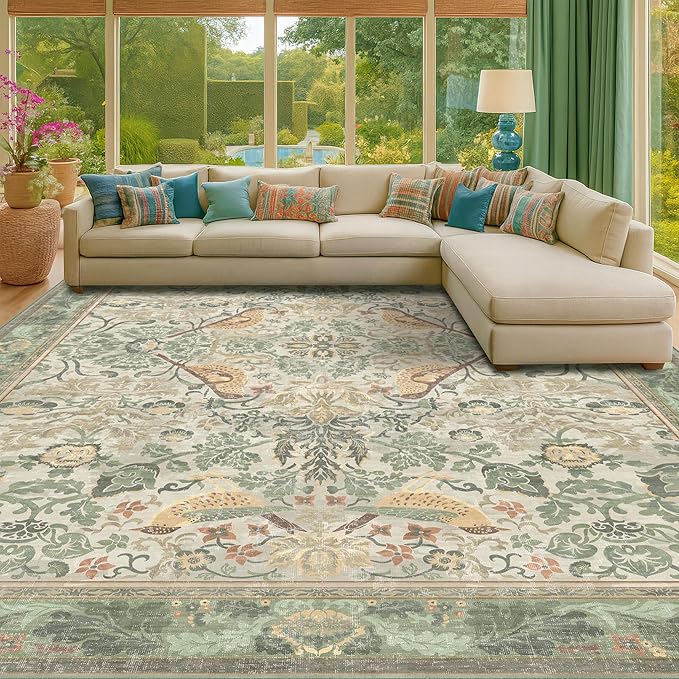 Botanical Sage Rug for Living Room - Washable 10x12 Area Rug for Dining Room Under Table, Extra Large Bedroom - Boho Bird Farmhouse Light Green Decor, Soft Low PileNon-Slip & Stain Resistance