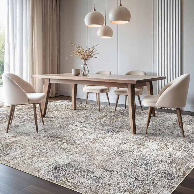 Area Rug Living Room Rugs - 9x12 Washable Large Soft Indoor Neutral Modern Abstract Low Pile Rug Carpet for Bedroom Dining Room Farmhouse Home Office - Brown/Grey/Black