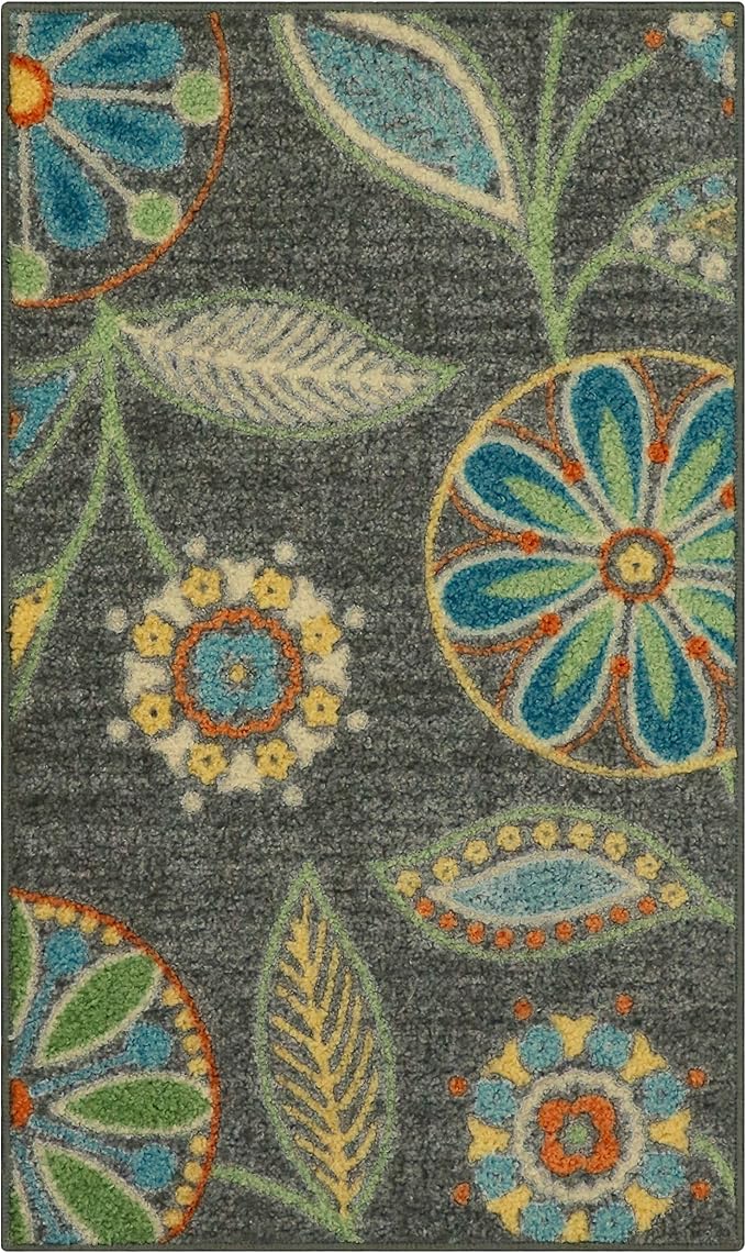 Maples Rugs Reggie Floral Kitchen Rug - Made in USA - Washable, Non Slip Indoor Carpet for Entryway, Foyer, Kitchen, and Bathroom, 1'8 x 2'8, Dark Grey