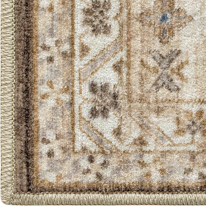 DEXI 10x14 Area Rug for Living Room, Washable Vintage Farmhouse Thin Rug Indoor Floor, Non Slip Stain Resistant Low Pile Carpet for Dining Room Bedroom Office, Light Brown