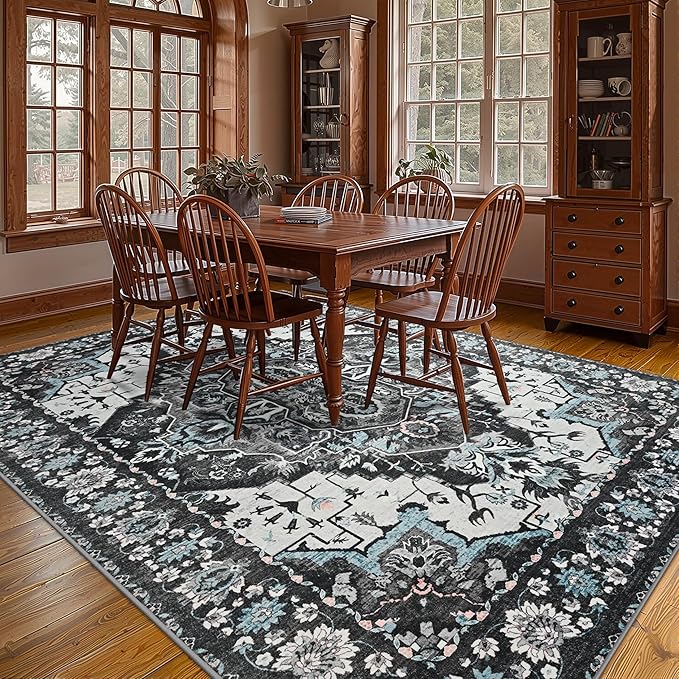 YJ.GWL Area Rugs for Living Room 9x12 Machine Washable Rugs, Non Slip Floral Vintage Rug Indoor Carpet, Stain Resistant Large Rug for Bedroom Dining Room, Black Grey Blue