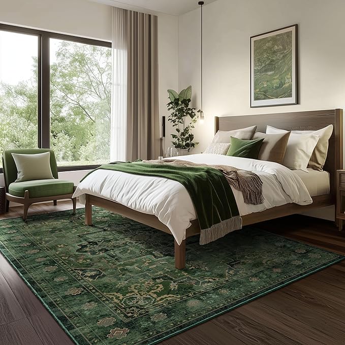 Dark Green Tranditonal 6x9 Area Rugs for Living Room, Vintage Distressed Medallion Printed Low Pile Thin Rugs for Bedroom, Washable Non Slip Soft Carpet for Dining Room Home Office Guest Room
