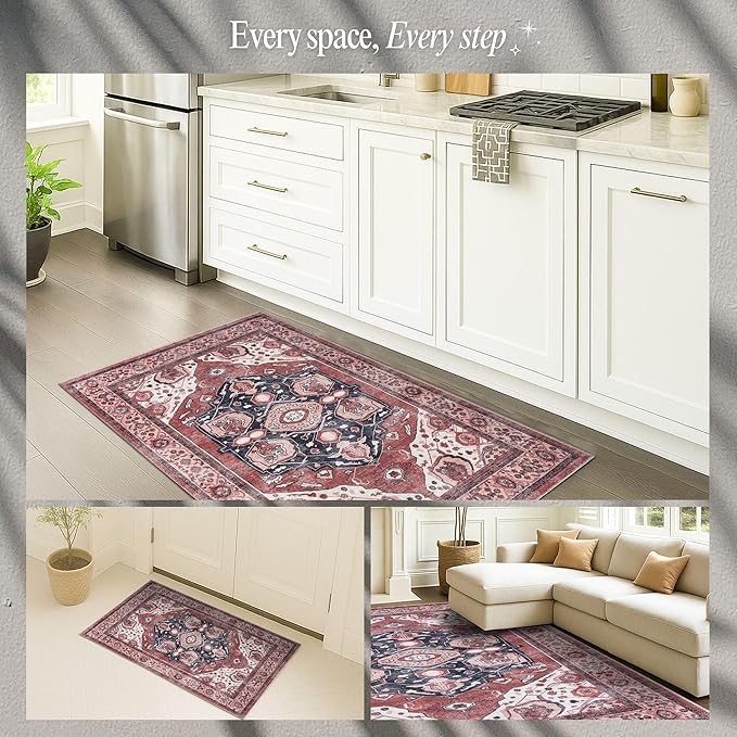 Fame Rugs Turkish Rug. Washable Vintage Oriental Antique Inspired Traditional Doormat Small Modern Area Rugs Luxury Entryway Entry Bedroom Bathroom Kitchen (404RR, 2'5 x 13'1)