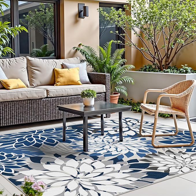 5x8 Outdoor Area Rug Washable Multicolored Patio Rug Tropical Botanical Floral Chenille Waterproof Outdoor Carpet for Living Room, Deck, Backyard, Porch, Black