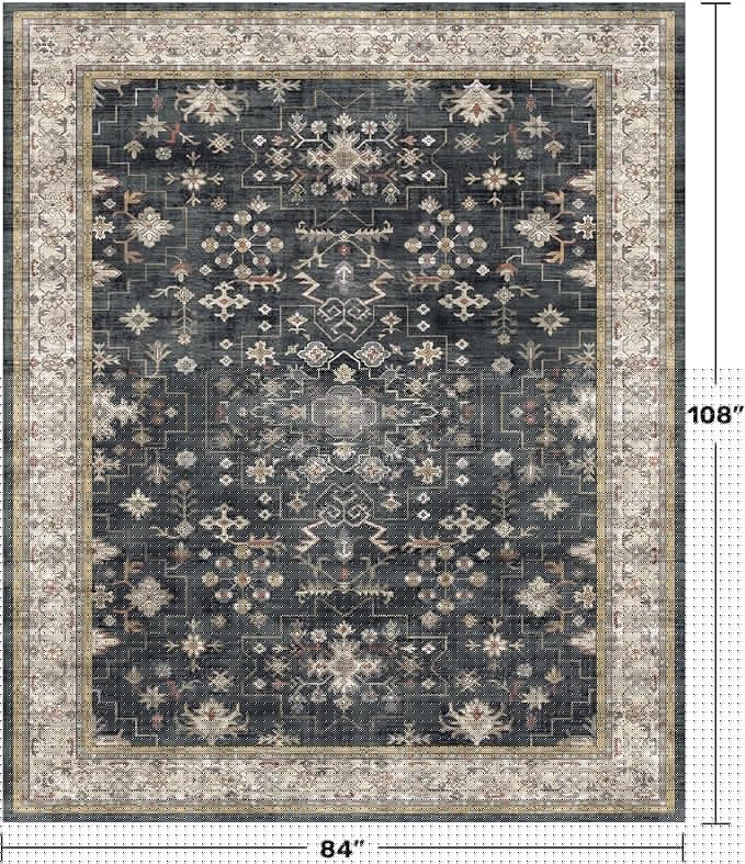 Boho Dining Room Rugs for Under Table - 7x9 Washable Black Area Rug for Living Room, Low Pile Non-Slip Rugs for Bedroom Under Bed - Charming Farmhouse Decor & Stain Resistance - Black/Multi