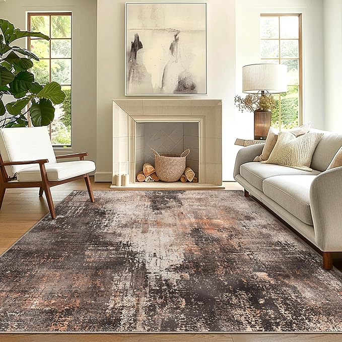 GENIMO Washable Area Rugs for Living Room, 10x12 Vintage Non Slip Rugs, Low Pile Lightweight Soft Print Rug for Bedroom, Dining Room, Home Office, Brown Orange