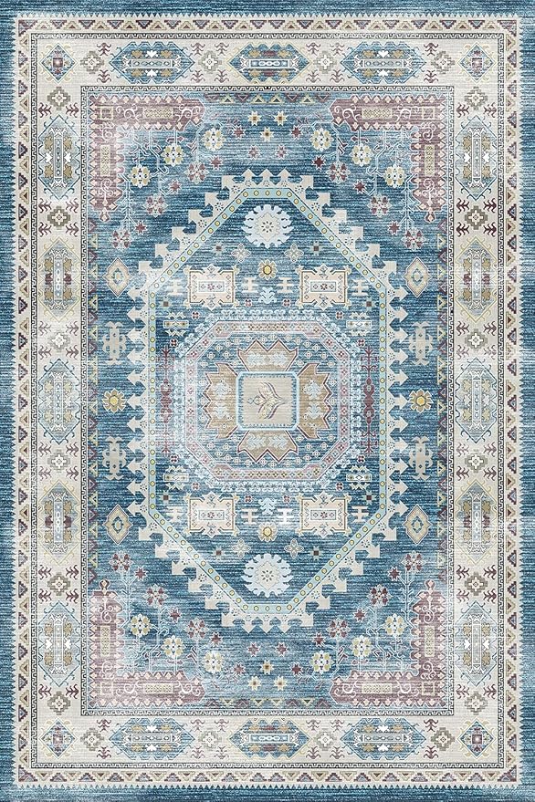 vivorug 8x10 Area Rugs for Living Room, Non-Slip Backing Washable Rug 8x10, Blue Large Area Rug Soft Carpet for Bedroom Dining Room, Vintage, Easy Clean, Durable, Low Pile Rug Under Table