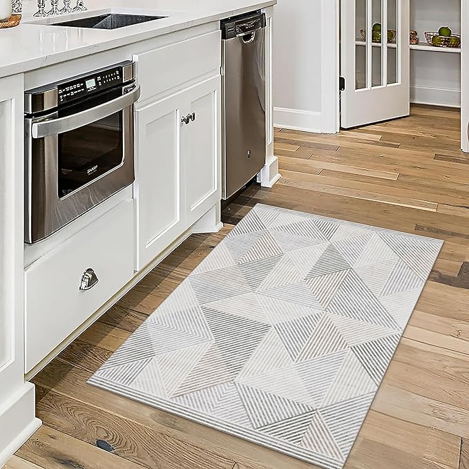 ReaLife Rugs Machine Washable Area Rug - Living Room Bedroom Bathroom Kitchen Entryway Office - Padded Crease Free Stain Resistant Premium - Modern Geometric Contemporary- Miles- Beige - 2'x 3'
