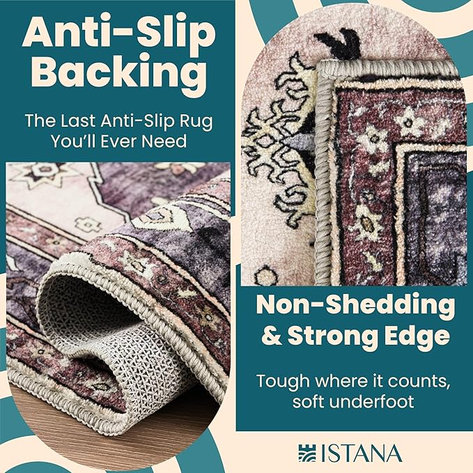 Istana Hallway Runner Rug 2.5x8 – Dark Grey Blue/Rose Mauve Entryway Rug -Silk's Soft Touch Runners for Hallways - Stylish Kitchen Runner Rug Non Slip