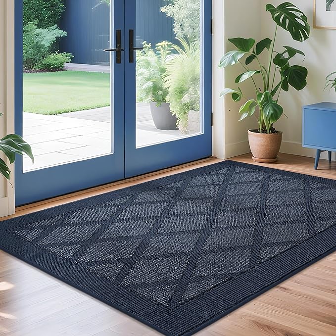 COSY HOMEER Non-Slip Door Mat 36"x60", Entryway Rugs Low Profile Absorbent Dirt Trapper Doormat for Front Entrance, Washable Polypropylene Entry Mat (Blue)