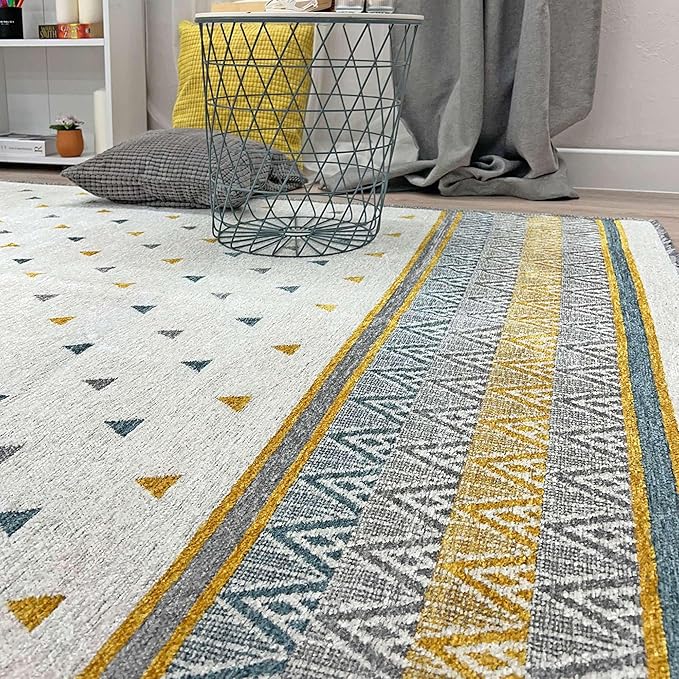 Alfa Rich 4x6 Gold Gray Off White Washable Area Rugs for Living Room Bedroom Kitchen Decor Cotton