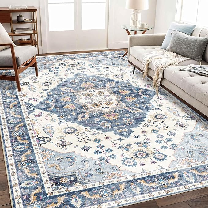 Enkor Area Soft Rugs 5x7 Washable Non Slip Boho Floor Rugs for Living Room Bedroom, Vintage Style Farmhouse Mat for Kitchen Entryway Blue & White