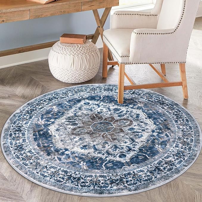 KOZYFLY Round Rug 6 Ft Rugs for Entryway Washable Circle Rug Non Slip Round Living Room Rugs Printed Faux Wool Vintage Round Dining Room Floor Carpet for Living Room, Entryway, Bedroom, Blue
