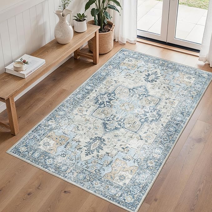 4x6 Area Rugs for Living Room, Machine Washable Rug, Non Slip Vintage Rugs, Low Pile Lightweight Print Rug for Bedroom, Dining Room, Home Office, Blue