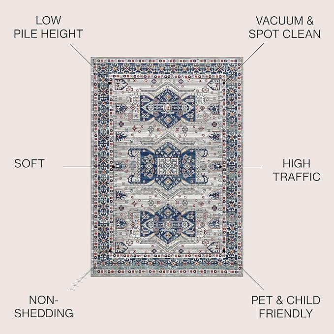 JONATHAN Y Modern Vintage Medallion Blue/Light Grey Indoor Area Rug, 3x5, Country, Floral, Easy-Cleaning for Living Room, Bedroom, Kitchen, Pet Friendly, Non-Shedding (MDP108A-3)