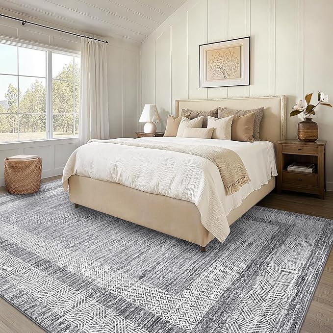 GarveeHome Modern Geometric Area Rug 4x6 Distressed Bordered Washable Non Slip Floor Carpet Non Shedding Thin Soft Low Pile Contemporary Gray Rug for Dining Room, Living Room
