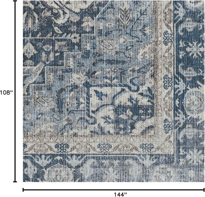 RUGGABLE Washable Vintage Area Rug – Kamran Admiral Blue 9x12, Stain-Resistant, Non-Slip – Large Machine Washable Rugs for Living Room, Bedroom, Hallway, Entryway & Office–with Standard Pad