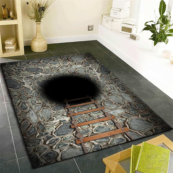 3D Deep Abyss Canyon Indoor Rug, 3x4ft, Stone Built Cave Wooden Ladder Carpet for Entryway, Durable Non-Shedding Pet Friendly Mats, Floor Decor Low Pile Easy Clean Rugs for Family