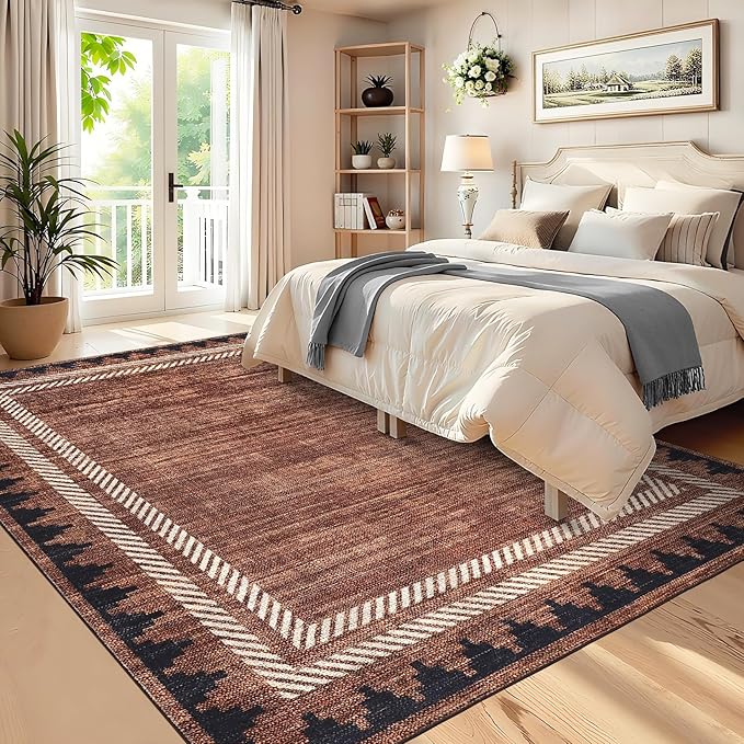 Living Room 8x10 Washable Soft Area Rug for Dining Room Living Room Foldable Non Slip Soft Indoor Carpet Modern Geometric Bordered Stain Resistant Bedroom Laundry Rugs with Rubber Back, Brick Red