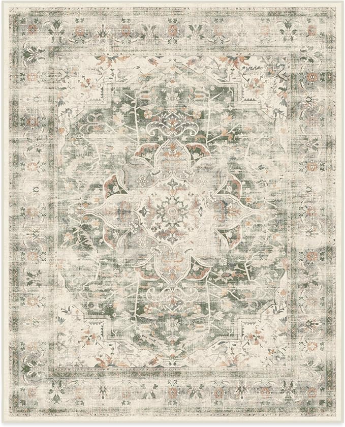 RUGGABLE Washable Vintage Area Rug – Sarrah Sage 8x10, Stain-Resistant, Non-Slip – Large Machine Washable Rugs for Living Room, Bedroom, Hallway, Entryway & Office–with Cushioned Pad