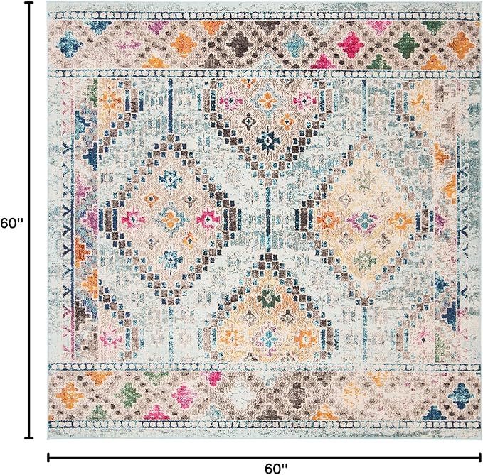 SAFAVIEH Madison Collection Area Rug - 5' Square, Blue & Yellow, Boho Diamond Distressed Design, Non-Shedding & Easy Care, Ideal for High Traffic Areas in Living Room, Bedroom (MAD418K)