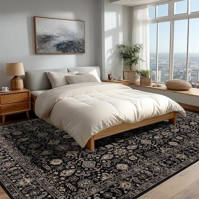 Area Rug Non Slip Machine Washable Ultra Soft Living Room/Bedroom/Kitchen/Outdoor/Classroom Black Gold, 9'×12'