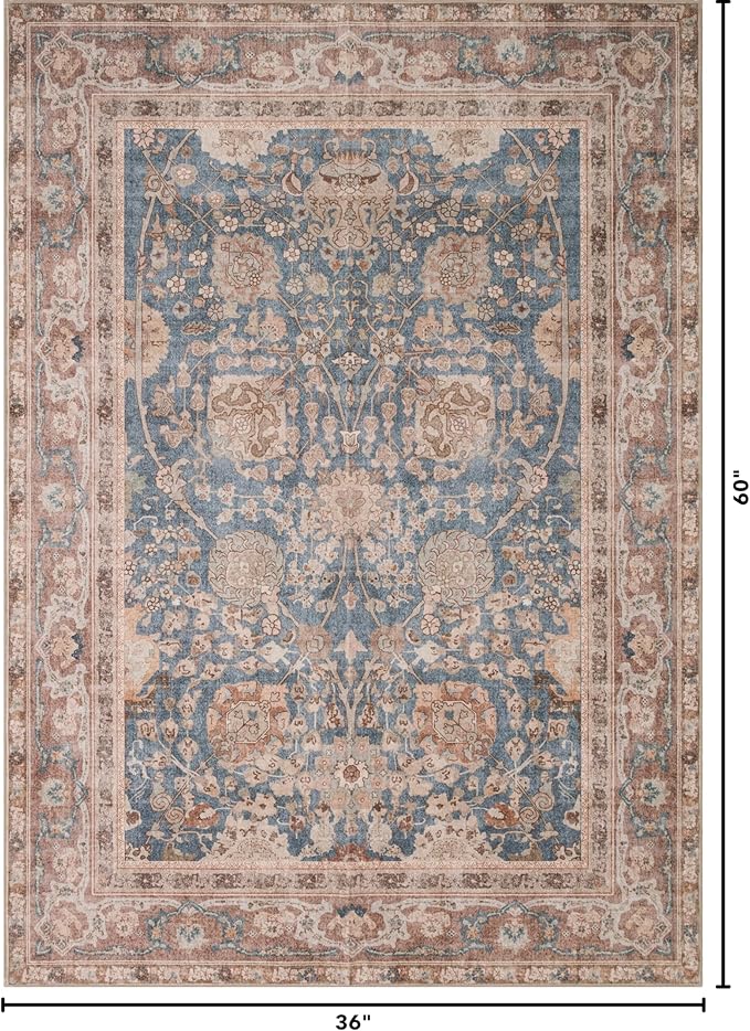 Kuden 3x5 Small Rug, Machine Washable, Non-Slip Backing, Vintage Style, Soft, Low Pile, Area Rugs for Entryway Kitchen Indoor Entrance