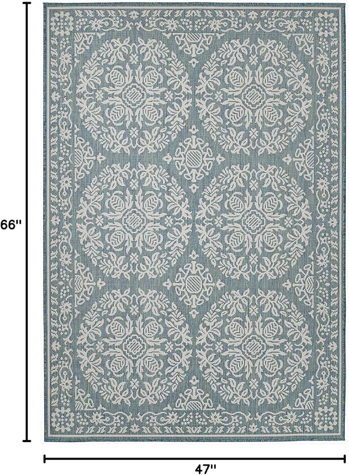 FH Home Flat Woven Outdoor Rug - Waterproof, Easy to Clean, Stain Resistant - Premium Polypropylene Yarn Farmhouse - Patio,Deck,Porch,Balcony,Laundry - Marbella - Ocean - 3ft 11 in x 5ft 6in