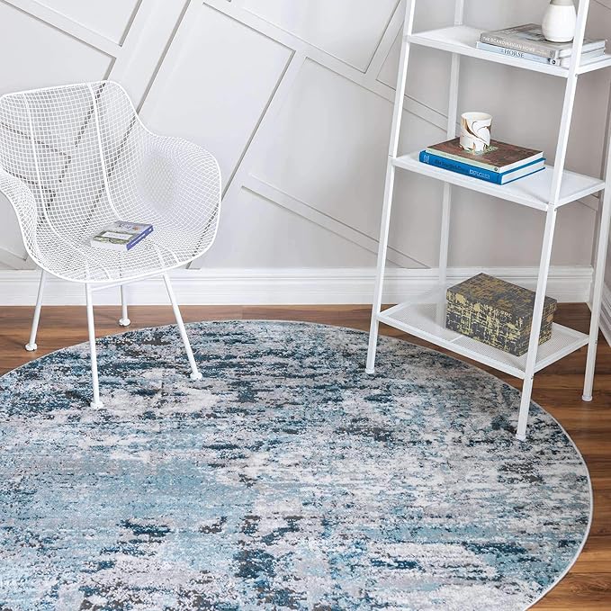 Rugs.com Leipzig Collection Round Rug – 7 Ft Round Blue Low-Pile Rug Perfect for Kitchens, Dining Rooms
