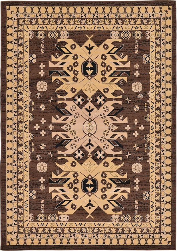 Unique Loom Taftan Collection Border Geometric Tribal Inspired Design Area Rug (7' 0 x 10' 0 Rectangular, Brown/ Tan)