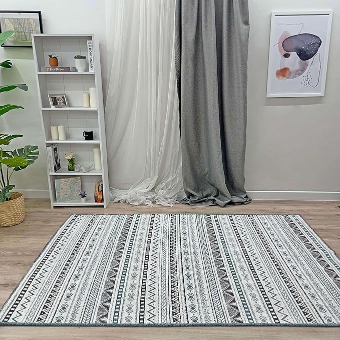Alfa Rich 7x10 Blue Gray White Washable Area Rugs for Living Room Bedroom Kitchen Cotton Decor Rug