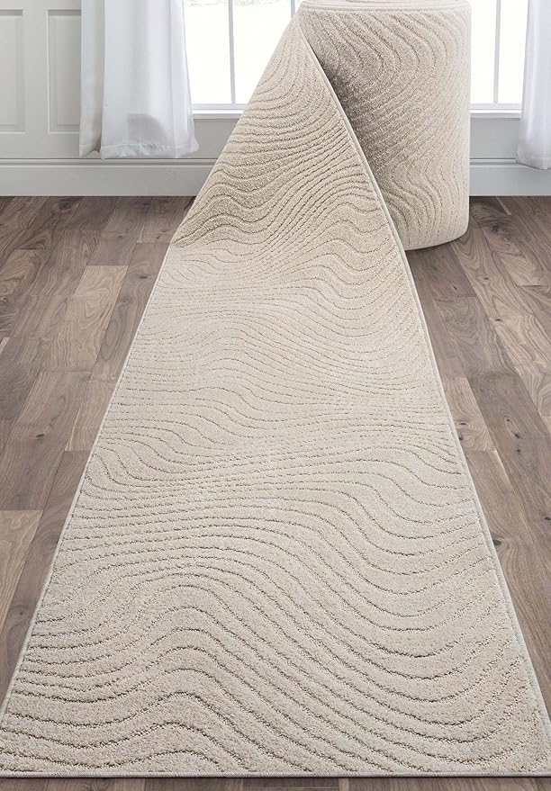 Well Woven Custom Size Hallway Stair Runner - Choose Your Length - 27 Inches Wide x 35 Feet Long Runner (27" x 35' Runner) Rug - Ivory Sibi Soft Touch, Modern Abstract - Hi-Lo Pile